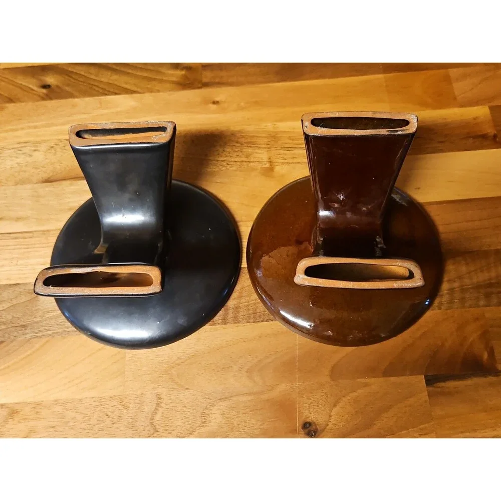 Set Of 2 Vintage MCM Dark Brown Glazed Pottery Taper Holders Candle Holders